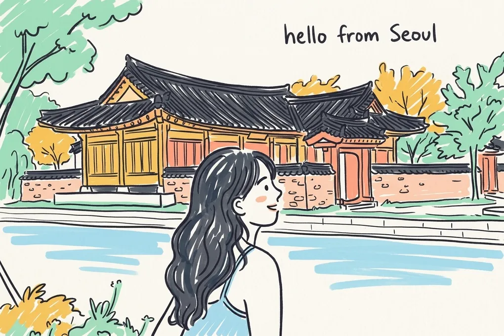 Marker-drawn illustration of a woman with long wavy dark hair and a light blue top, seen from the side in front of a traditional Korean hanok and a canal, with the handwritten note 'hello from Seoul'.
