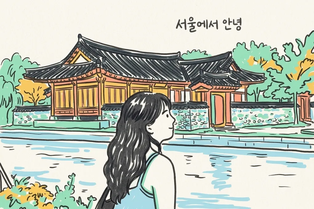 긴 웨이브 머리에 옅은 파란색 상의를 입은 여성이 옆모습으로 한옥과 물길 앞에 서 있는 모습을 마커로 그린 일러스트. ‘서울에서 안녕’ 손글씨가 있다.