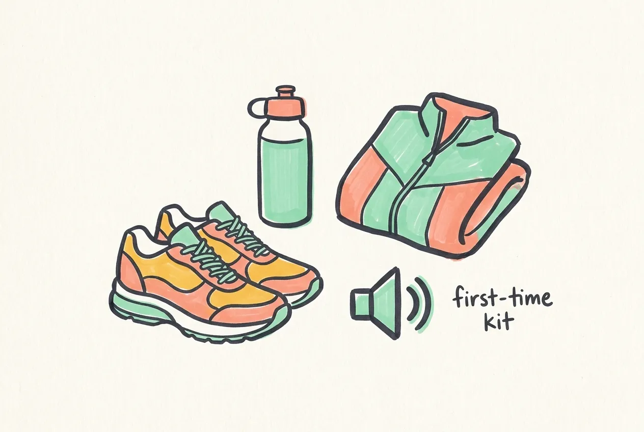 Marker illustration of cushioned sneakers, a water bottle, a light jacket and a speaker icon, labeled first-time kit