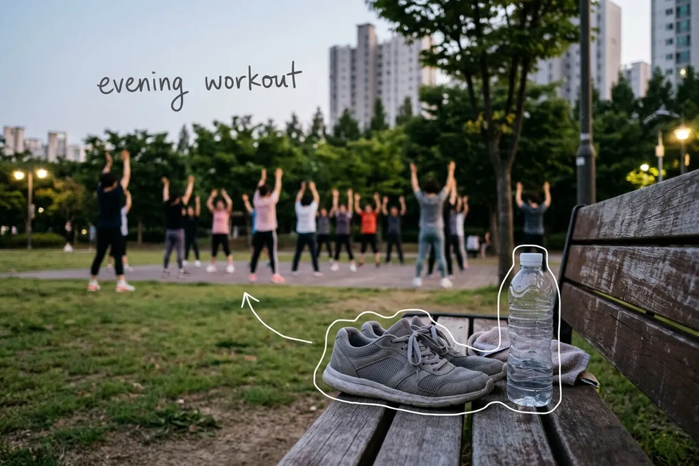 AI-generated grey sneakers and a water bottle on a park bench at dusk, with a group of people in rows raising their arms to exercise in the distance. White lines trace the shoes and bottle, with the handwritten note evening workout.