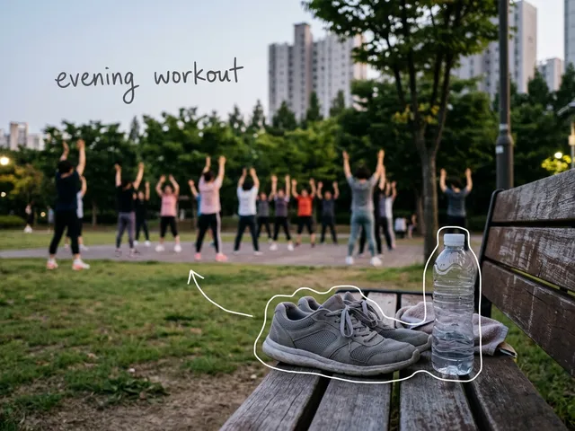 AI-generated grey sneakers and a water bottle on a park bench at dusk, with a group of people in rows raising their arms to exercise in the distance. White lines trace the shoes and bottle, with the handwritten note evening workout.