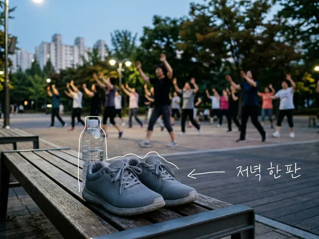 해 질 녘 공원 벤치 위에 놓인 회색 운동화와 물병, 멀리서 여러 사람이 줄지어 팔을 들어 올리며 운동하는 모습을 담은 AI 생성 이미지. 운동화와 물병에 흰 선이 얹혀 있고 '저녁 한 판' 손글씨가 있다.