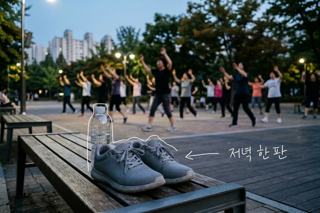 해 질 녘 공원 벤치 위에 놓인 회색 운동화와 물병, 멀리서 여러 사람이 줄지어 팔을 들어 올리며 운동하는 모습을 담은 AI 생성 이미지. 운동화와 물병에 흰 선이 얹혀 있고 '저녁 한 판' 손글씨가 있다.