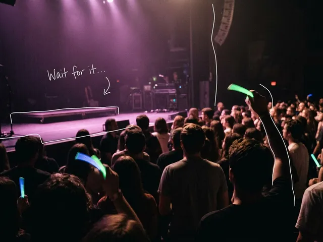 AI-generated image of a dark concert hall crowd seen from behind, with a few glow sticks raised toward a purple-lit stage. A white line traces the stage edge next to a handwritten note reading 'Wait for it'.