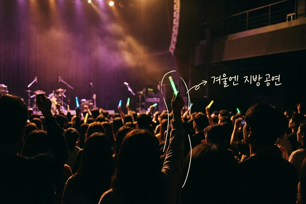 어두운 공연장에서 관객들이 야광봉을 들고 보라색 조명이 비치는 무대를 바라보는 AI 생성 이미지. 야광봉에 흰 선이 얹혀 있고 '겨울엔 지방 공연' 손글씨가 있다.