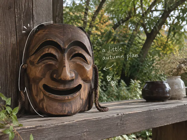 AI-generated scene of a smiling wooden Korean dance mask on a shelf, with a white handwritten autumn note.