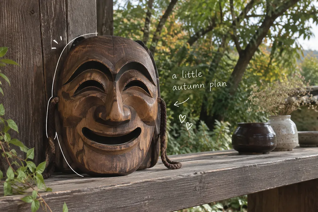 AI-generated scene of a smiling wooden Korean dance mask on a shelf, with a white handwritten autumn note.