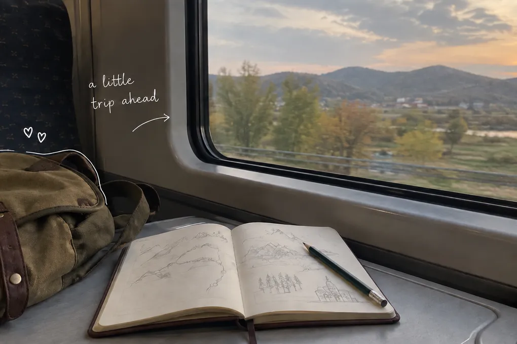 AI-generated travel notebook and canvas bag beside a train window, with the handwritten note a little trip ahead.