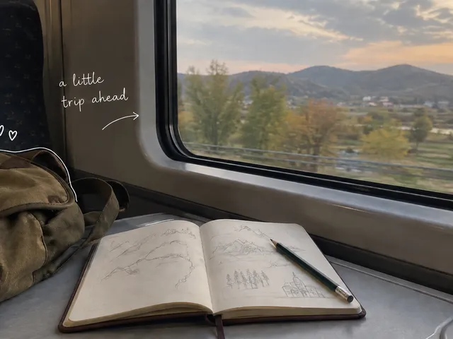AI-generated travel notebook and canvas bag beside a train window, with the handwritten note a little trip ahead.