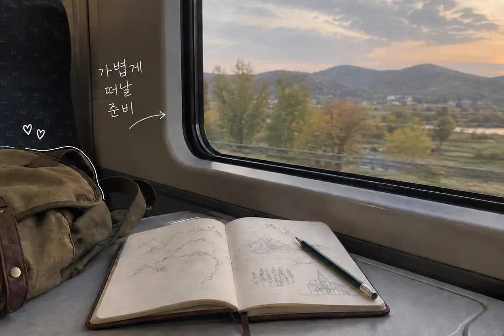 열차 창가의 여행 수첩과 캔버스 가방에 다가올 작은 여행이라는 손글씨를 더한 AI 생성 이미지.