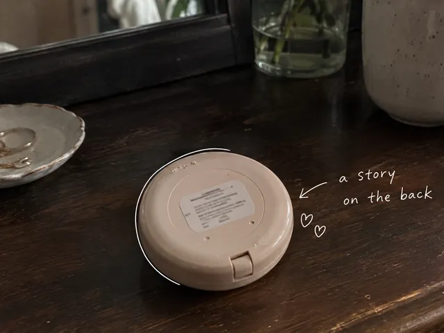 AI-generated scene of an unbranded makeup compact turned upside down on a wooden vanity, with a small label and white handwritten notes.
