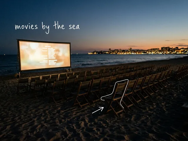 AI-generated empty folding chairs on a beach at dusk facing a glowing outdoor cinema screen, with city lights far away, thin white lines and the handwritten note 'movies by the sea'.