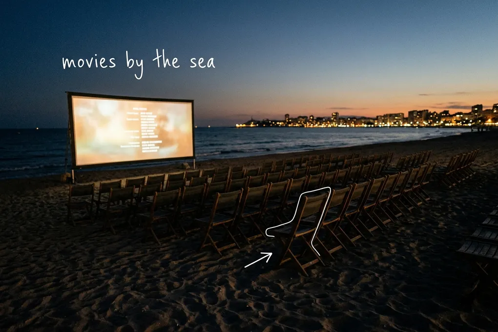 AI-generated empty folding chairs on a beach at dusk facing a glowing outdoor cinema screen, with city lights far away, thin white lines and the handwritten note 'movies by the sea'.