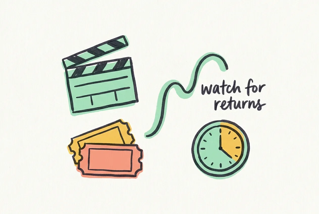 Marker-drawn film clapperboard, two cinema tickets, a wave line and a clock, with the handwritten note 'watch for returns'