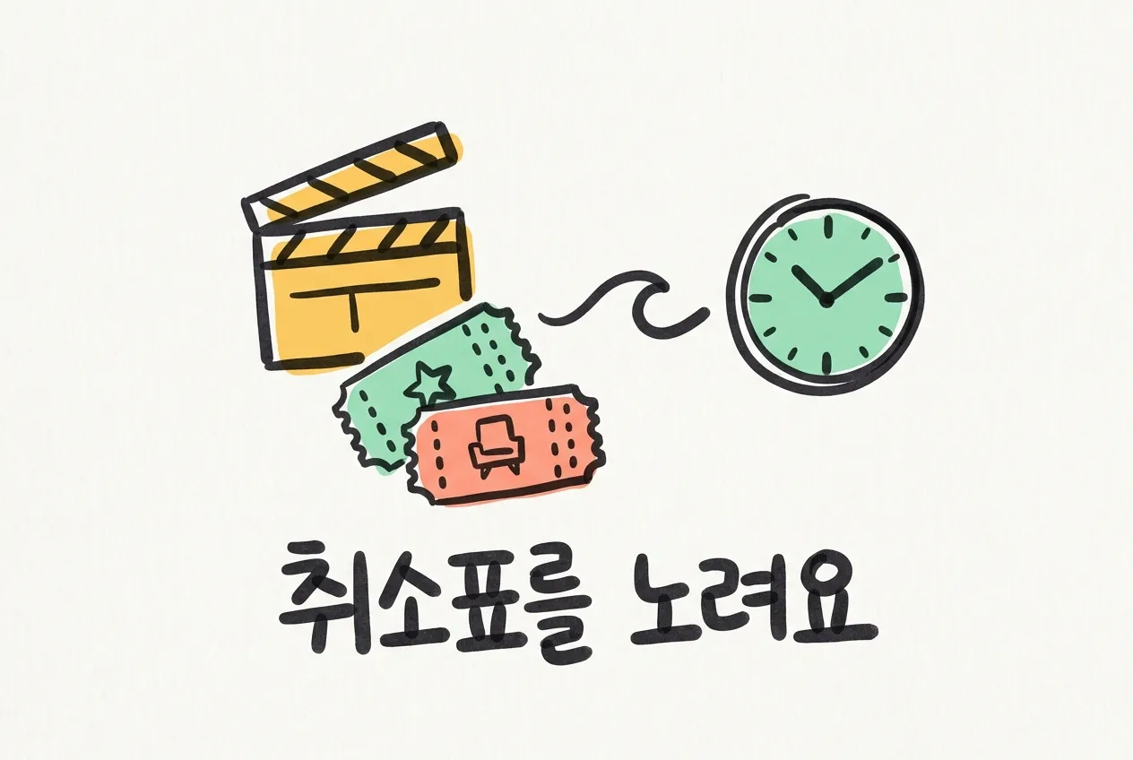 영화 슬레이트와 영화표 두 장, 물결과 시계, ‘취소표를 노려요’ 손글씨를 마커로 그린 일러스트