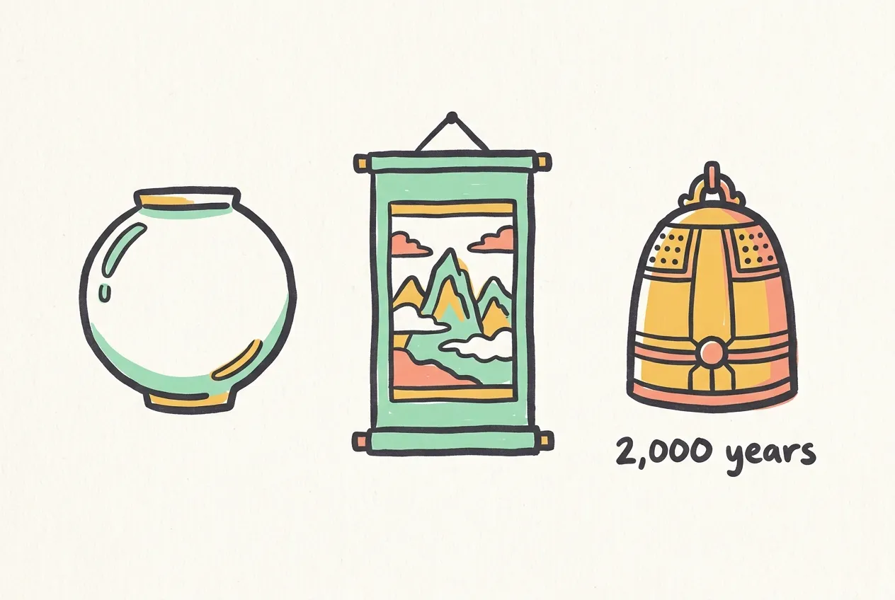 Marker illustration of a moon jar, a hanging scroll painting and a bronze temple bell, labeled 2,000 years