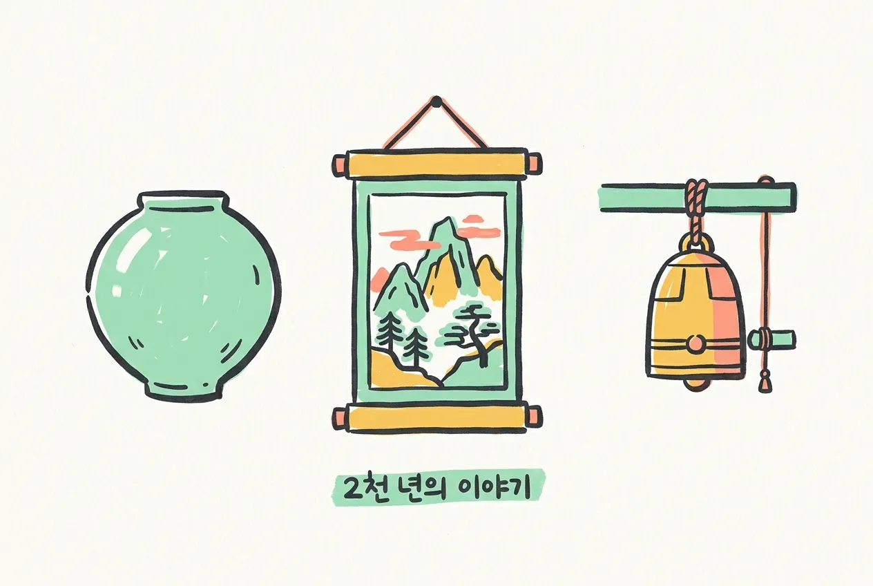 달항아리, 족자 그림, 청동 범종을 마커로 그린 일러스트와 ‘2천 년의 이야기’ 손글씨