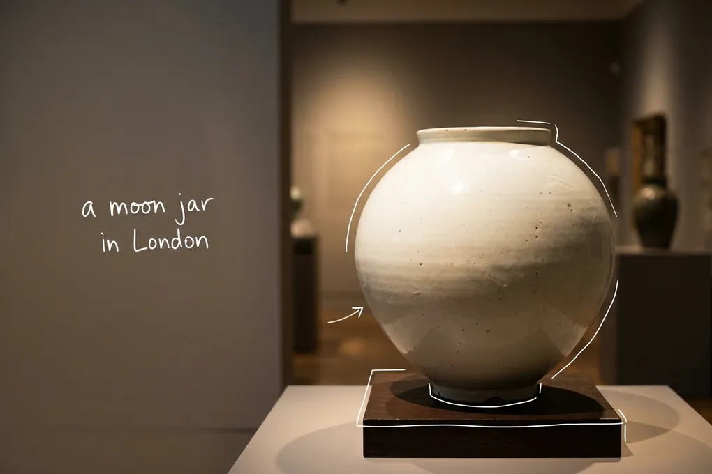 AI-generated white moon jar on a low plinth in a softly lit gallery, with thin white lines and the handwritten note a moon jar in London; not a photo of the real exhibition.
