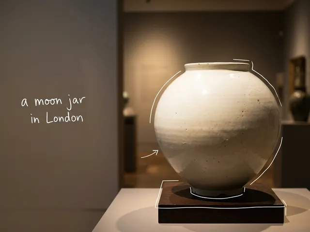 AI-generated white moon jar on a low plinth in a softly lit gallery, with thin white lines and the handwritten note a moon jar in London; not a photo of the real exhibition.
