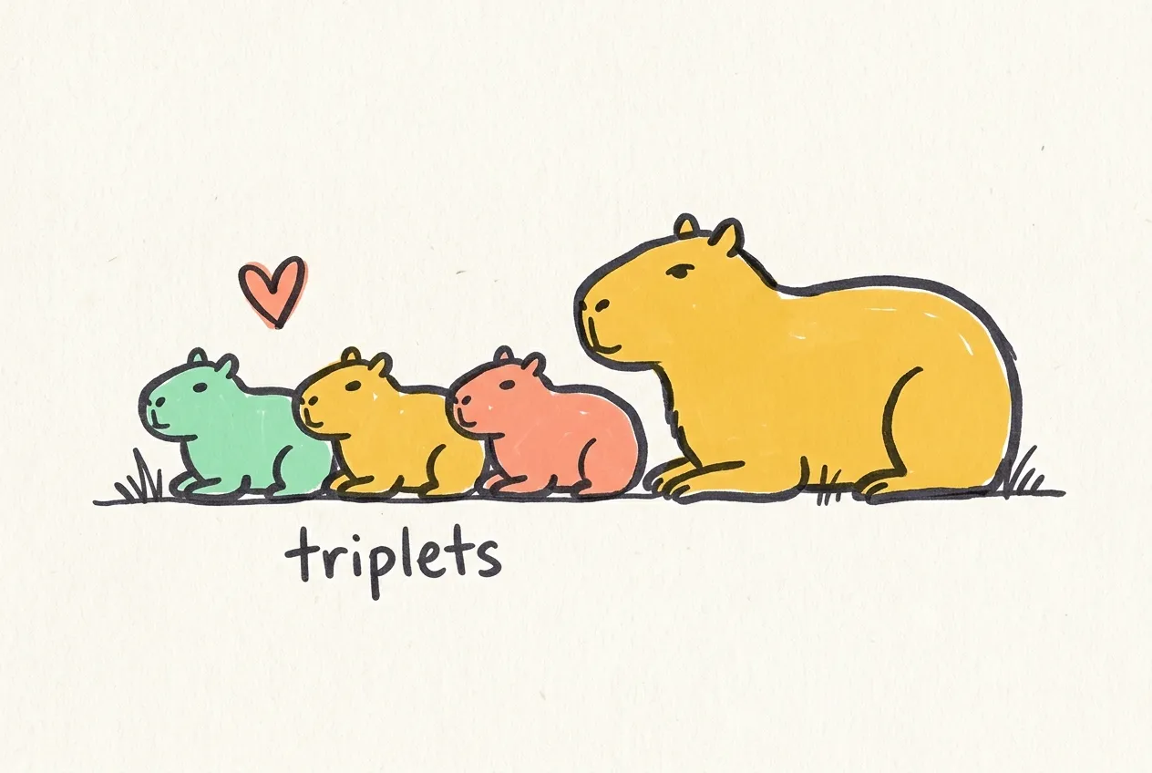 Marker illustration of three baby capybaras sitting in a row next to a larger adult, labeled triplets