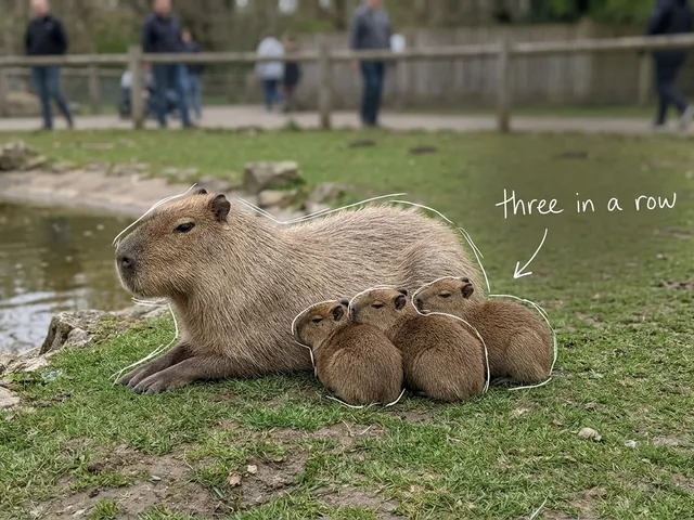 AI-generated mother capybara lying on grass with three baby capybaras pressed against her side beside a pond. White lines trace the mother and babies, with the handwritten note three in a row.