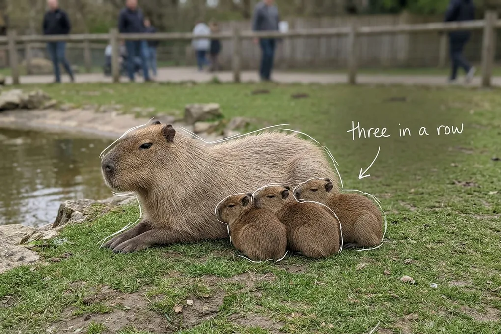 AI-generated mother capybara lying on grass with three baby capybaras pressed against her side beside a pond. White lines trace the mother and babies, with the handwritten note three in a row.