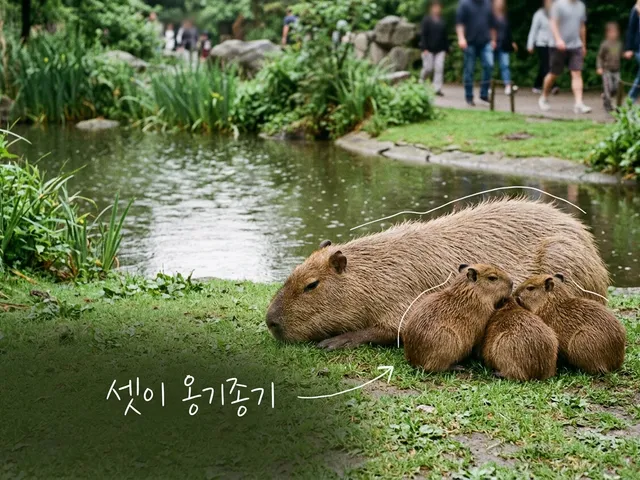 연못가 풀밭에 엎드린 어미 카피바라 곁에 아기 카피바라 세 마리가 붙어 있는 모습을 담은 AI 생성 이미지. 어미와 새끼들에 흰 선이 얹혀 있고 '셋이 옹기종기' 손글씨가 있다.