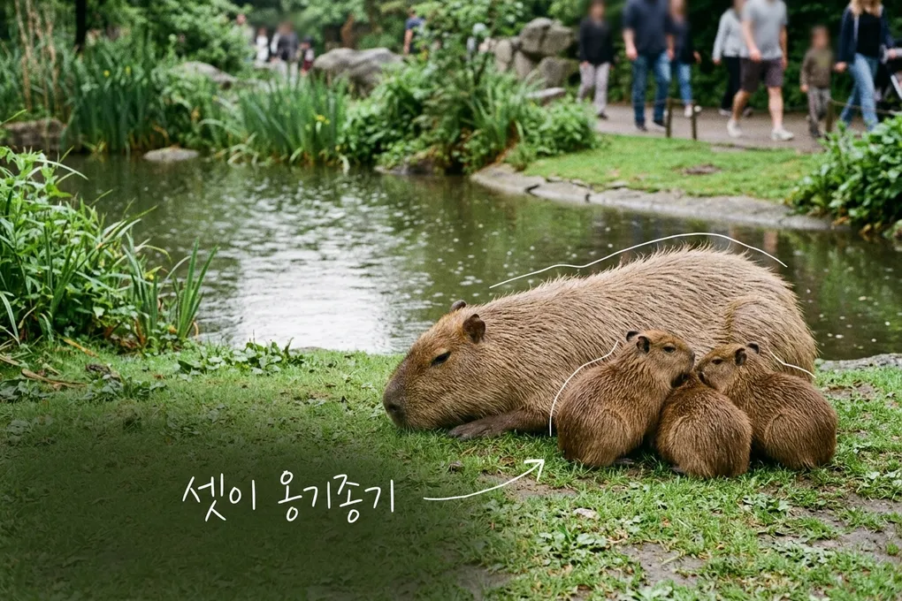 연못가 풀밭에 엎드린 어미 카피바라 곁에 아기 카피바라 세 마리가 붙어 있는 모습을 담은 AI 생성 이미지. 어미와 새끼들에 흰 선이 얹혀 있고 '셋이 옹기종기' 손글씨가 있다.