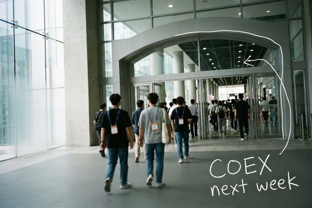 AI-generated image of people with lanyards walking into a convention center hall, seen from behind, with a thin white line around the entrance arch and a handwritten note reading 'COEX next week'.