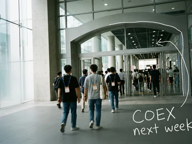 AI-generated image of people with lanyards walking into a convention center hall, seen from behind, with a thin white line around the entrance arch and a handwritten note reading 'COEX next week'.