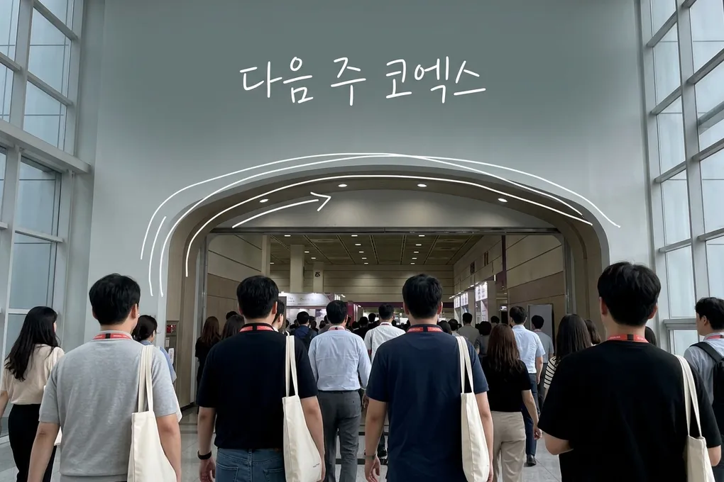 목에 출입증을 건 사람들이 뒷모습으로 전시장 입구로 들어가는 AI 생성 이미지. 입구 아치를 따라 흰 선이 그려져 있고 '다음 주 코엑스' 손글씨가 얹혀 있다.