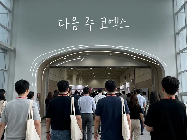 목에 출입증을 건 사람들이 뒷모습으로 전시장 입구로 들어가는 AI 생성 이미지. 입구 아치를 따라 흰 선이 그려져 있고 '다음 주 코엑스' 손글씨가 얹혀 있다.