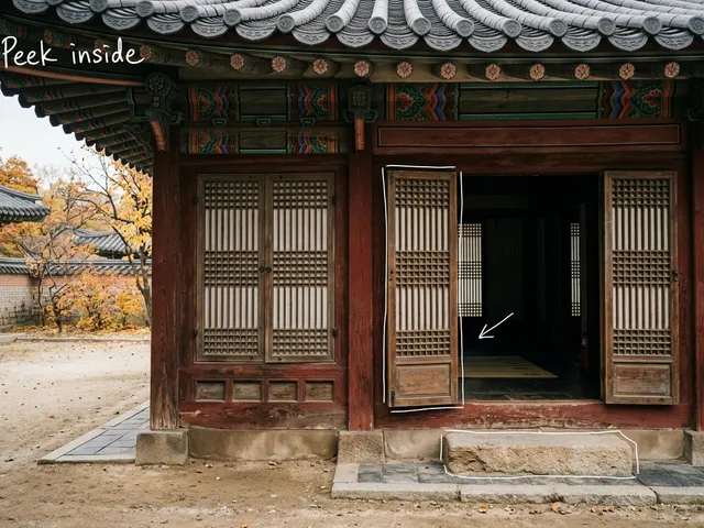 AI-generated image of a traditional Korean palace hall with one lattice door slightly open and a stone step in front, in autumn light. Thin white lines trace the door and the step next to a handwritten note reading 'Peek inside'.