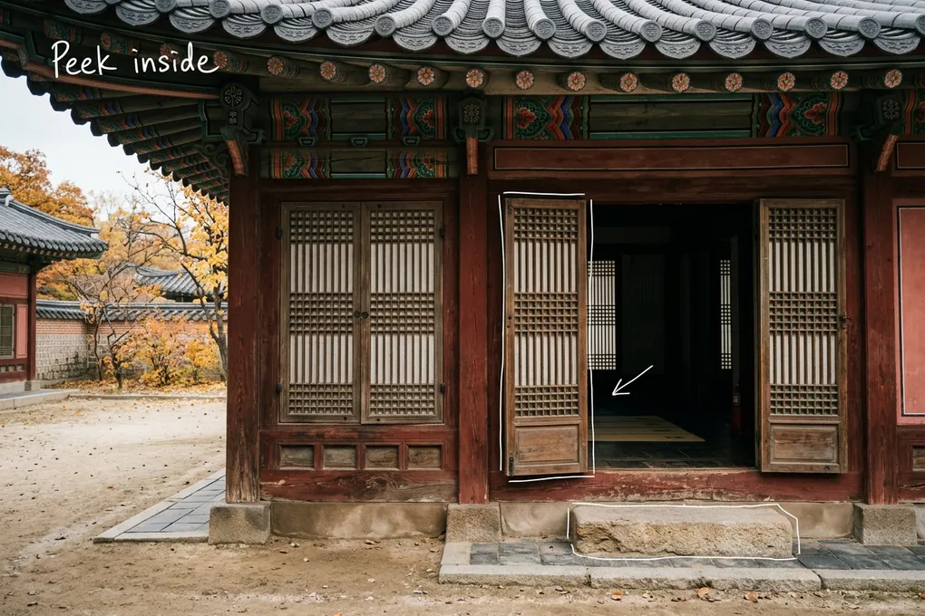 AI-generated image of a traditional Korean palace hall with one lattice door slightly open and a stone step in front, in autumn light. Thin white lines trace the door and the step next to a handwritten note reading 'Peek inside'.