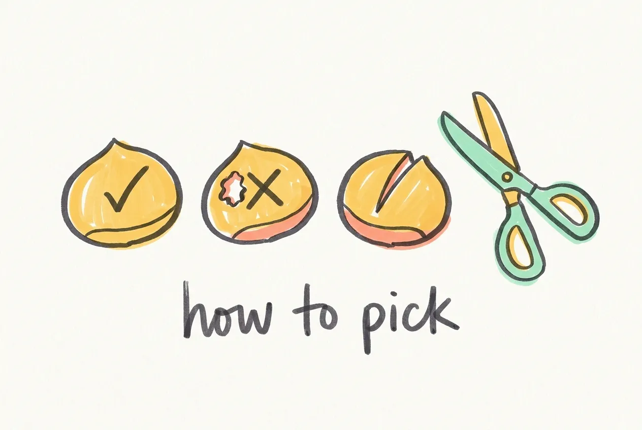 Marker illustration of a glossy chestnut with a check mark, a holed chestnut marked wrong, a scored chestnut and scissors, labeled how to pick