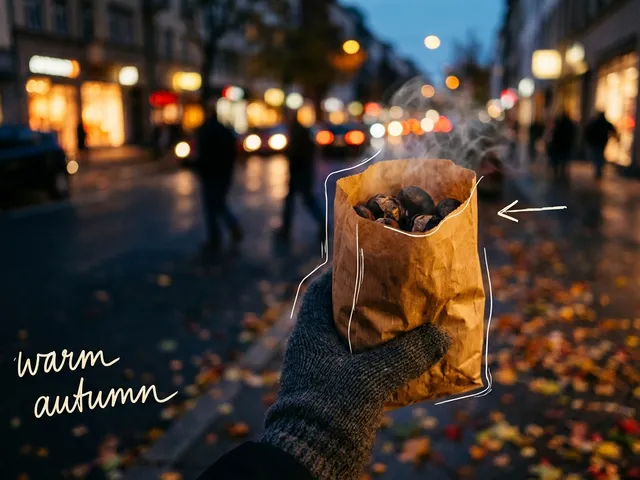 AI-generated gloved hand holding a steaming paper bag of roasted chestnuts on a leaf-covered city street at dusk. White lines trace the bag, with the handwritten note warm autumn.