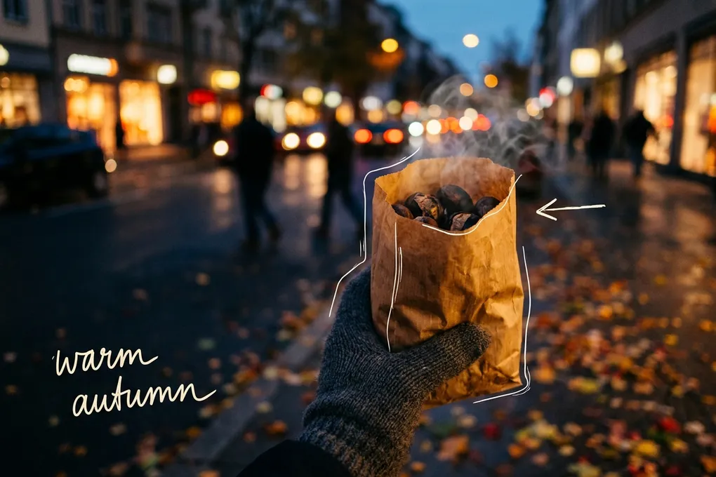 AI-generated gloved hand holding a steaming paper bag of roasted chestnuts on a leaf-covered city street at dusk. White lines trace the bag, with the handwritten note warm autumn.