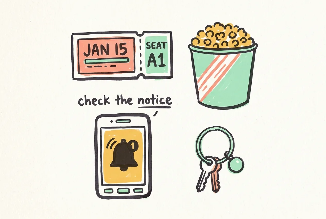 Marker illustration of a movie ticket, popcorn bucket, keyring and a phone showing a notice bell