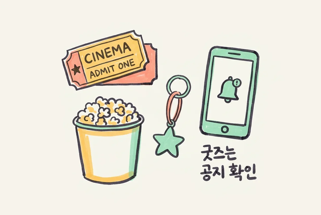 영화 티켓, 팝콘통, 키링, 알림이 뜬 스마트폰을 마커로 그린 일러스트