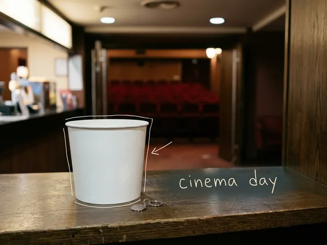 AI-generated image of a plain white popcorn bucket and a small keyring on a cinema lobby counter with blurred red seats behind. White pen lines trace the bucket and a handwritten note reads 'cinema day'.