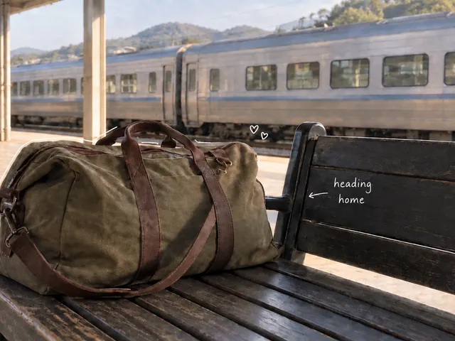 AI-generated overnight bag on a station bench beside a train, with a thin white outline and handwritten heading-home note.