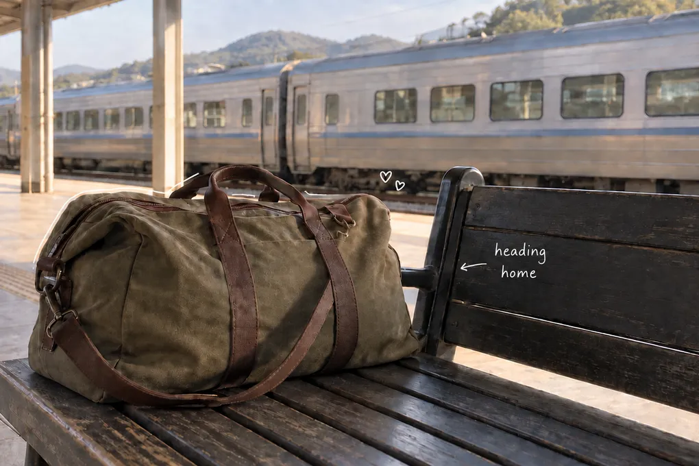 AI-generated overnight bag on a station bench beside a train, with a thin white outline and handwritten heading-home note.