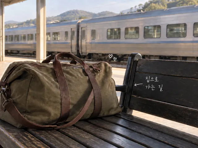 열차가 보이는 승강장 벤치 위 여행 가방에 얇은 흰 선과 집으로 가는 길이라는 손글씨를 더한 AI 생성 이미지.
