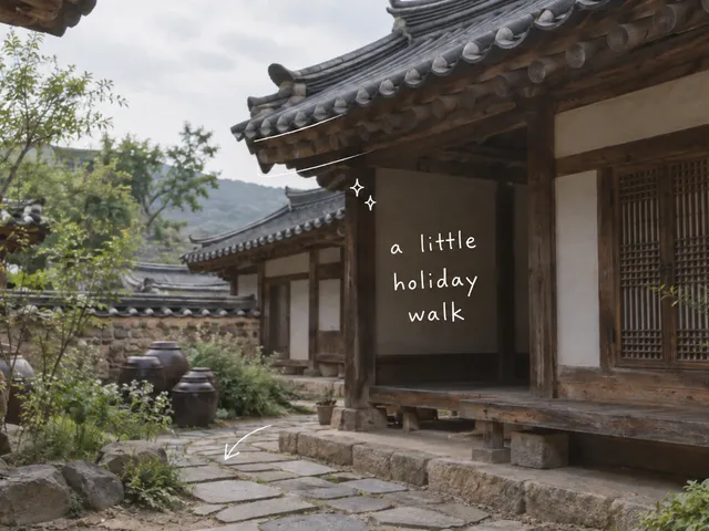 AI-generated hanok courtyard with tiled roofs, a stone path and a white handwritten note reading a little holiday walk.