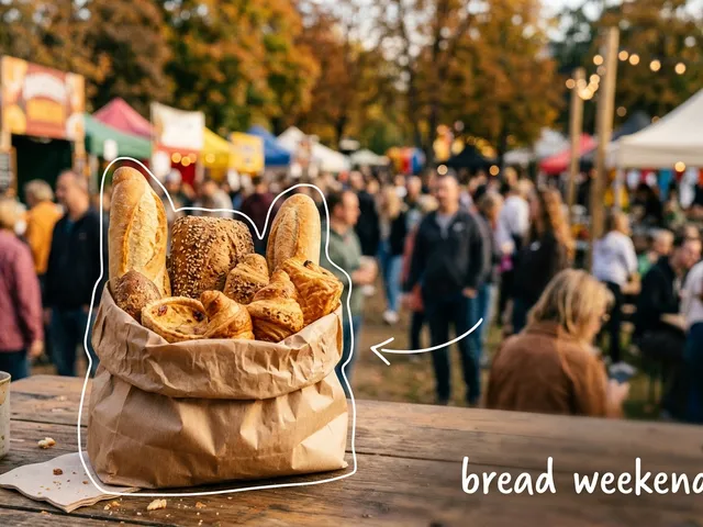 AI-generated paper bag of baguettes and pastries on a wooden table at an autumn outdoor fair, with blurred stalls and visitors behind and the handwritten note 'bread weekend'.