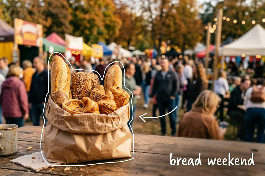 AI-generated paper bag of baguettes and pastries on a wooden table at an autumn outdoor fair, with blurred stalls and visitors behind and the handwritten note 'bread weekend'.