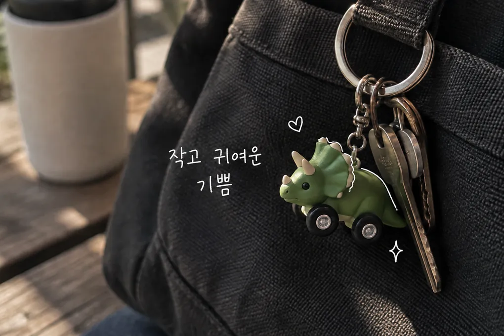 어두운 천 가방에 달린 초록 공룡 자동차 키링 옆에 작고 귀여운 기쁨이라는 흰 손글씨와 하트를 더한 AI 생성 이미지.