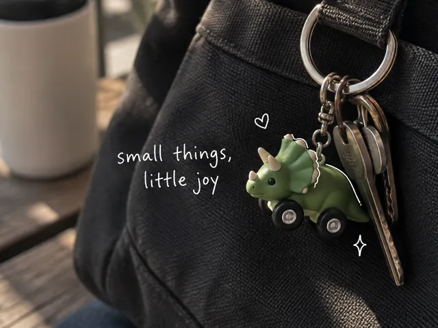 AI-generated green dinosaur car charm on a dark canvas bag, with a small white heart and the handwritten words small things, little joy.