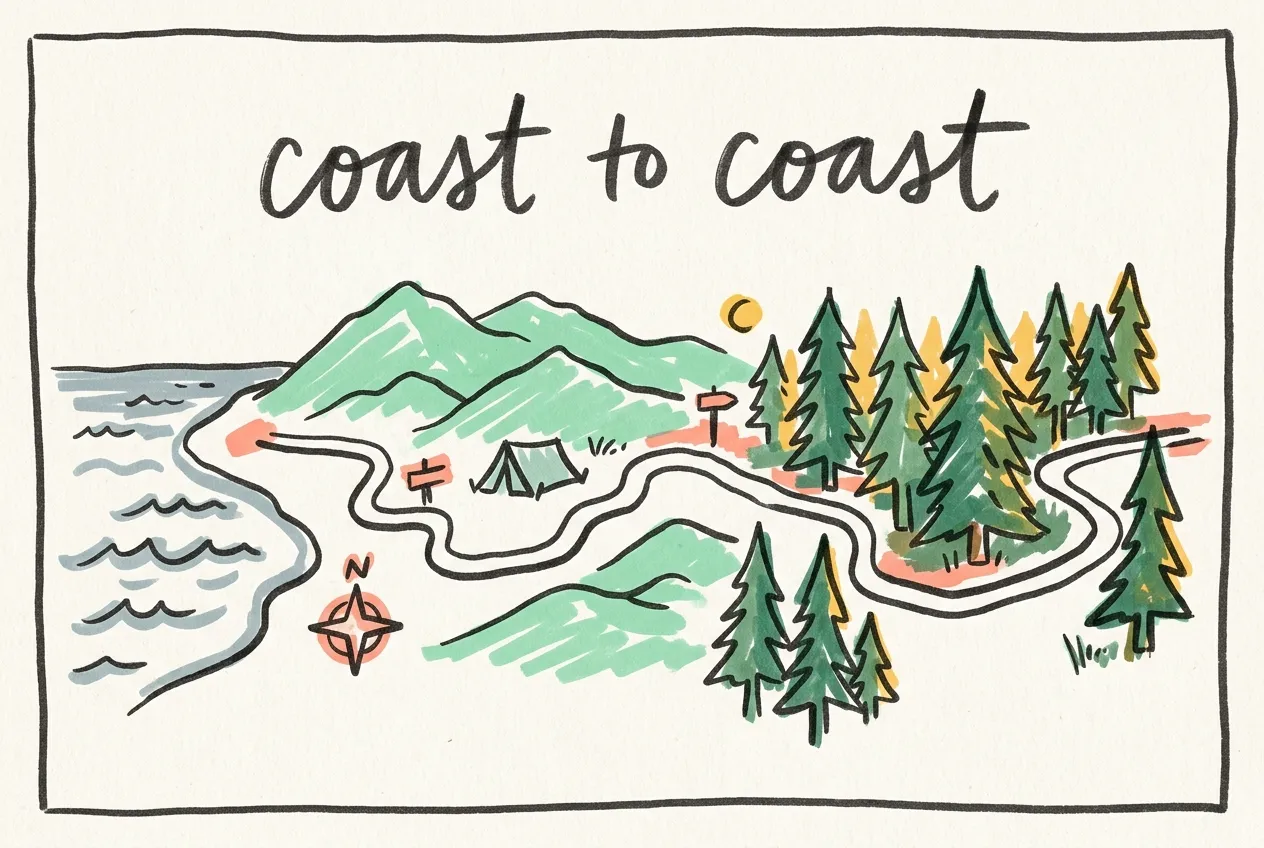 Marker illustration of a route from sea waves through mountains to pine trees with a tent, labeled coast to coast