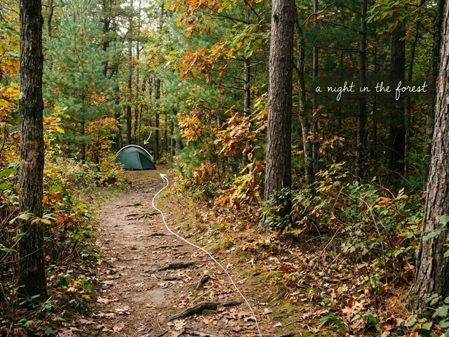 AI-generated narrow dirt forest trail through autumn pine and oak trees with a small green tent ahead, with thin white lines and the handwritten note a night in the forest; not a photo of the real trail.